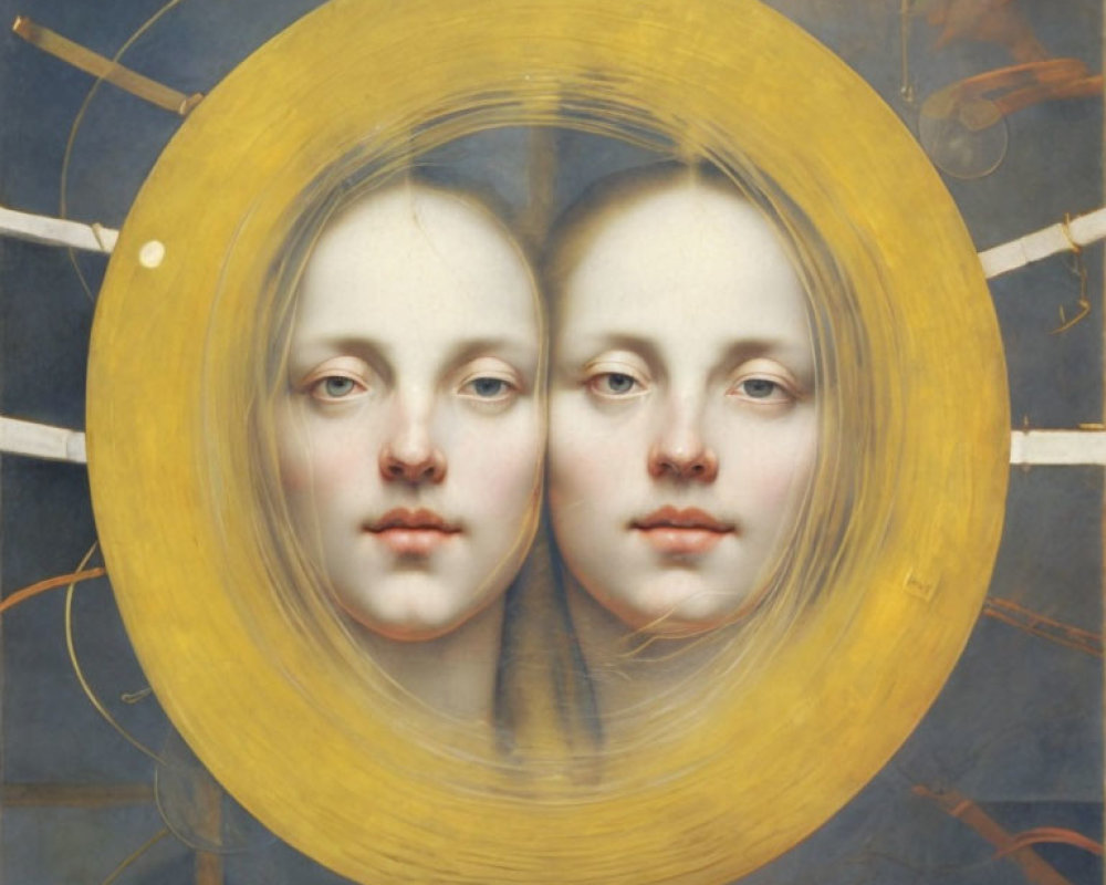 Identical pale female faces with golden halo on intersecting gold lines background