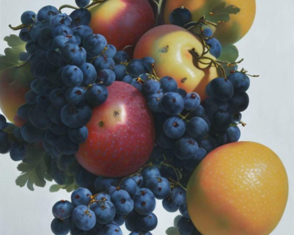 Hyperrealistic Painting of Blue Grapes and Apples in Vibrant Colors