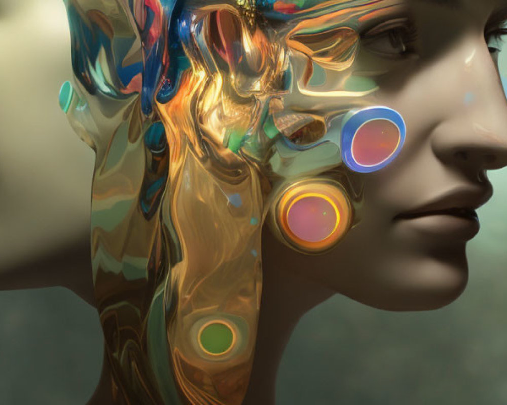 Futuristic humanoid face profiles: transparent with colored mechanisms, solid against misty backdrop