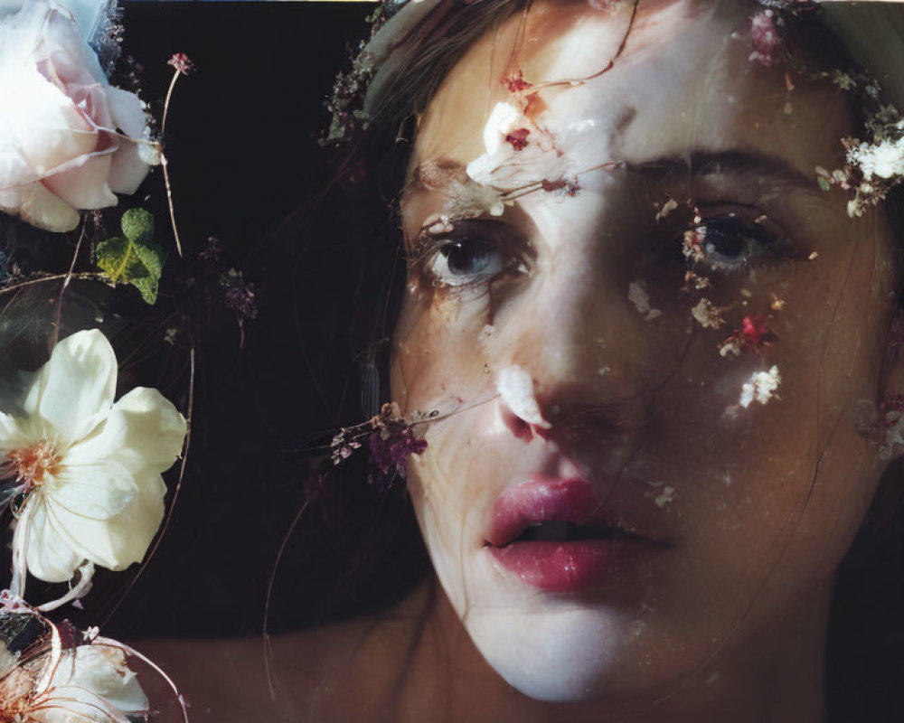 Contemplative woman obscured by delicate flowers and textures