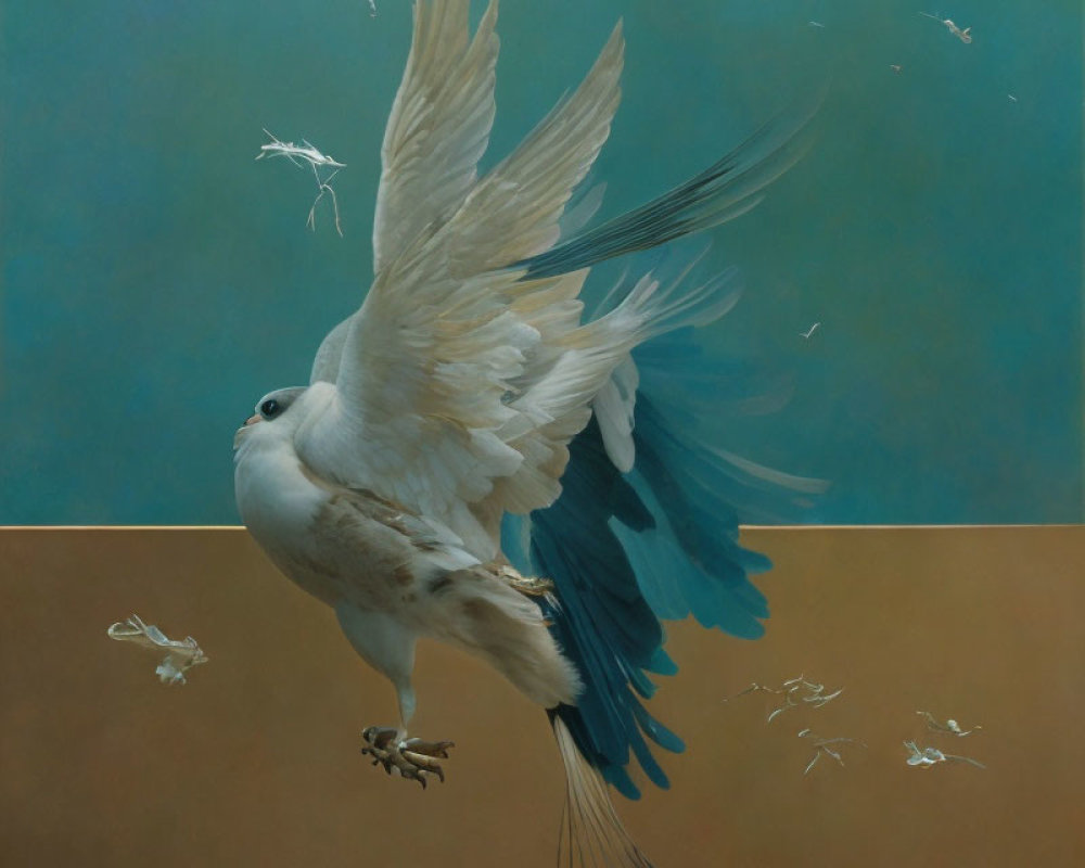 White Bird with Blue-Tipped Wings Soaring Over Blue and Brown Background