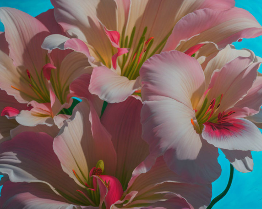 Colorful pink and white lilies on blue background art.