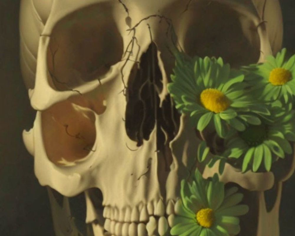 Realistic human skull painting with cracks, yellowed bones, green leaves, and flowers