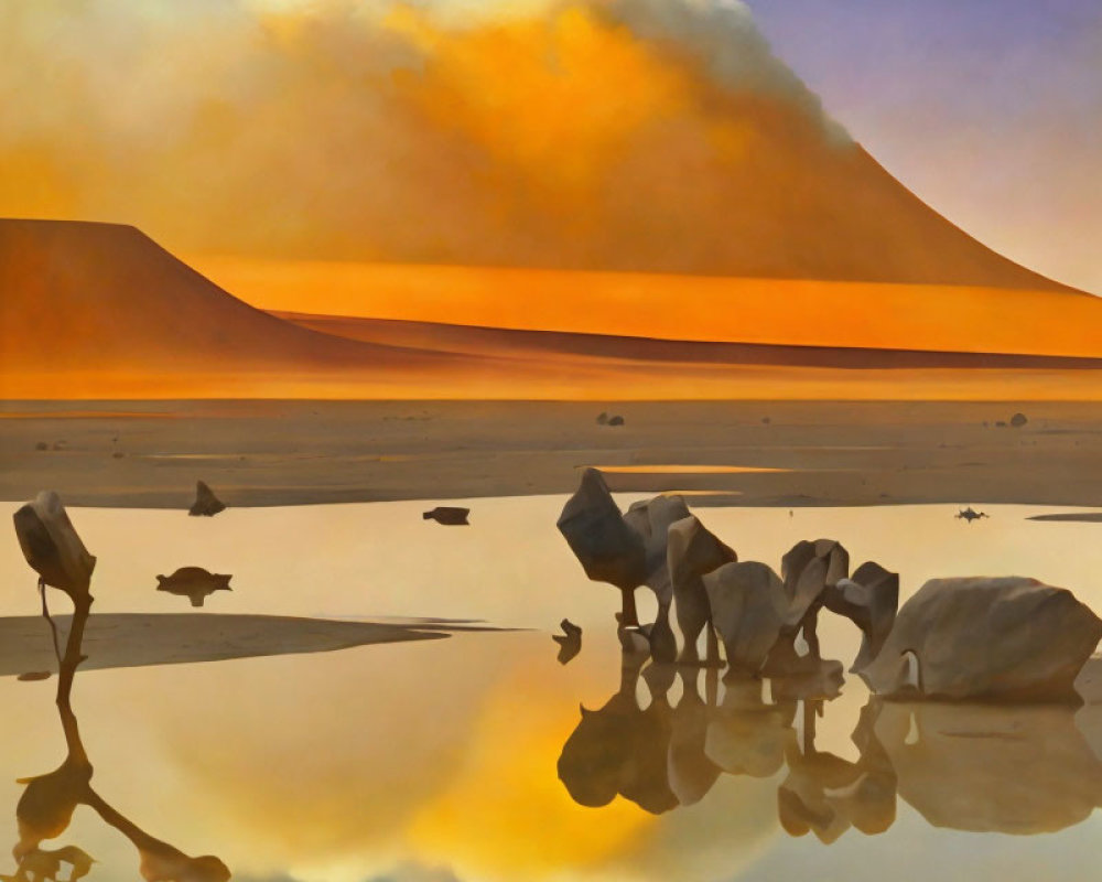 Tranquil landscape with elephants near waterhole and fiery sky