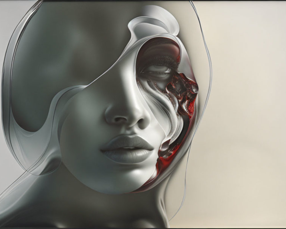 Abstract humanoid portrait with glossy, fragmented face revealing intricate mechanical parts.