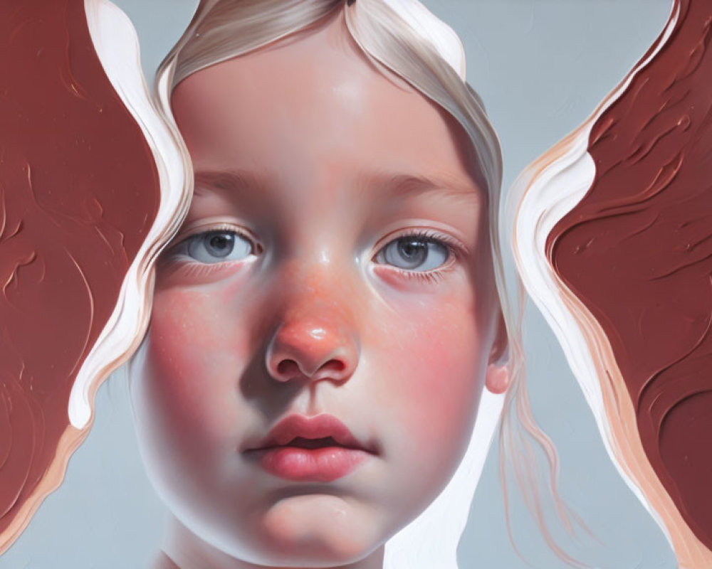 Detailed painting of young girl with pale skin and flushed cheeks framed by abstract brown wing-like shapes