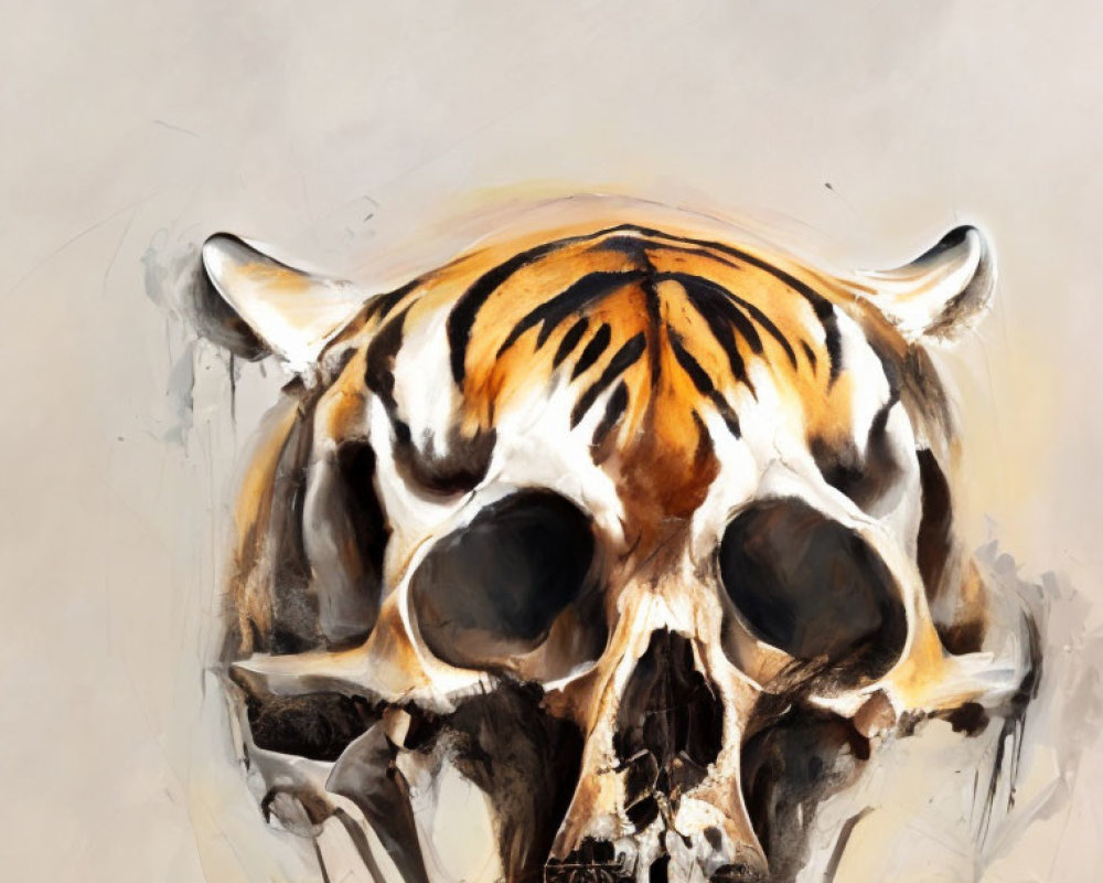 Tiger Skull Artwork with Fur Pattern Stripes on Neutral Background