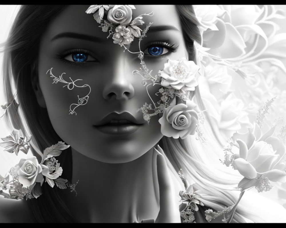 Monochromatic illustration of a woman with vivid blue eyes and floral designs