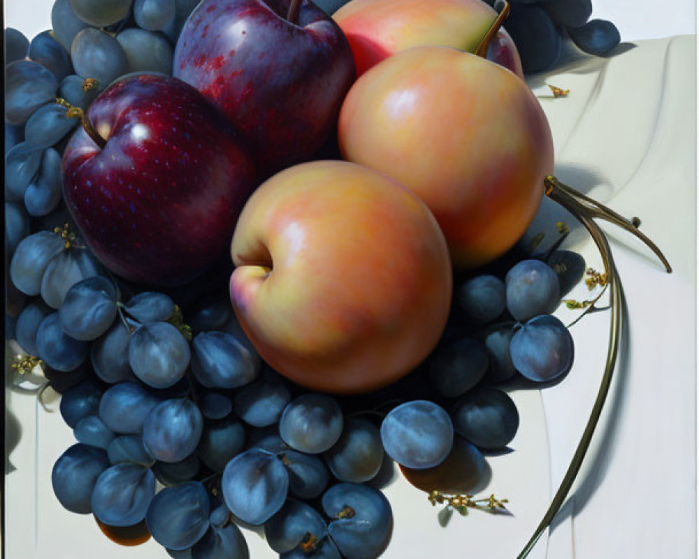 Hyperrealistic Painting of Plump Grapes and Three Apples on Reflective White Surface