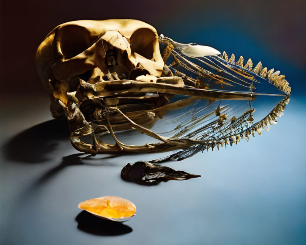 Fish skull with sharp teeth, orange leaf, and black form on reflective surface