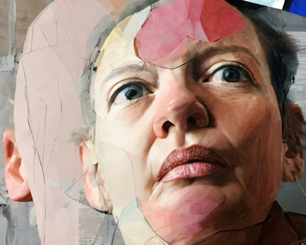 Fragmented female face with realistic eye in disjointed shapes and colors