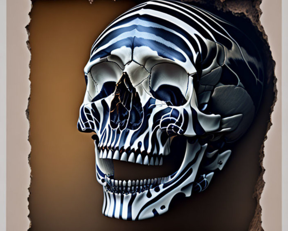 Stylized skull with zebra-like stripes in torn paper frame