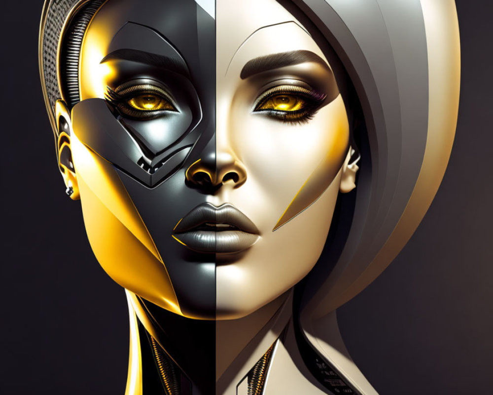 Digital Art: Human-like and Robot Faces Merge with Gold and Black Designs