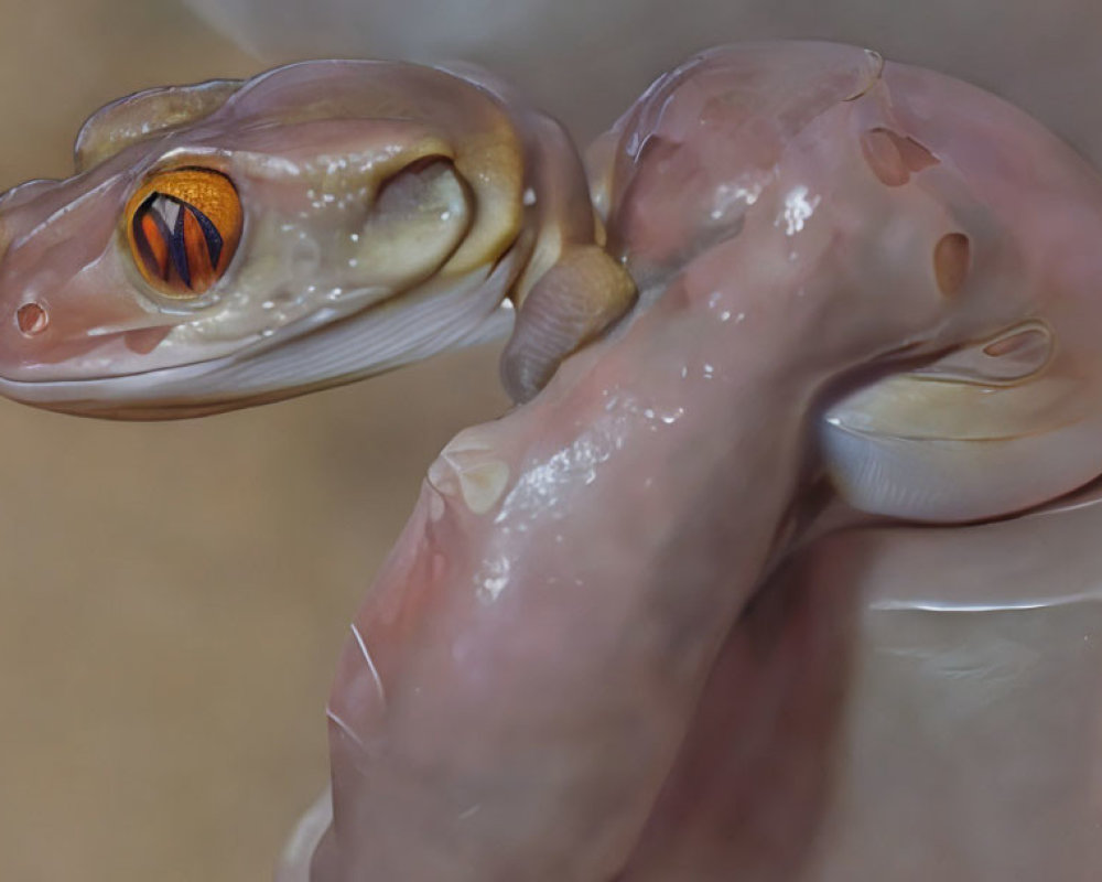 Cream-Colored Gecko with Orange-Ringed Eyes and Reflective Scales