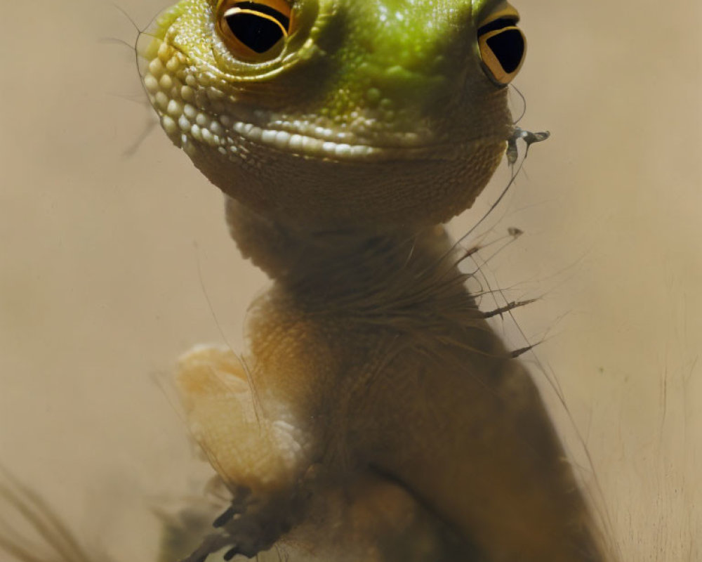 Green lizard with bright yellow eyes against sandy background