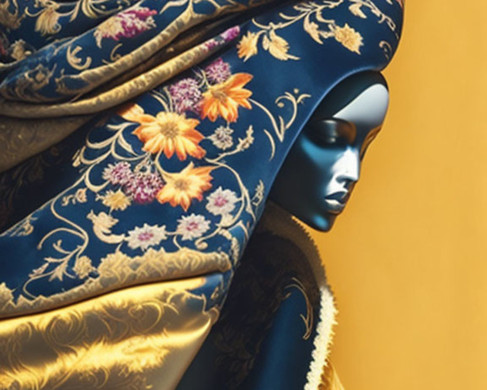 Luxurious Royal Blue and Gold Patterned Fabric Draped Mannequin