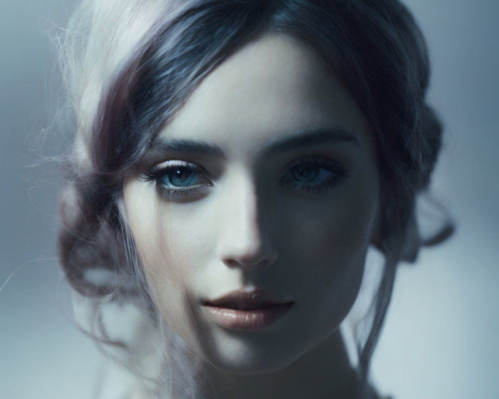 Portrait of Woman with Dark Hair and Striking Blue Eyes in Soft Lighting