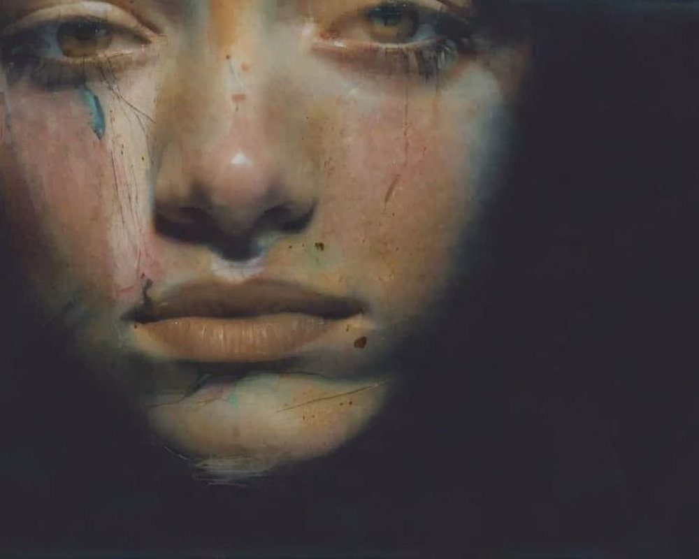 Detailed Close-Up of Tear-Streaked Makeup on Somber Face