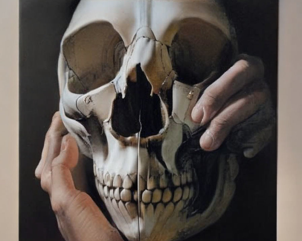 Realistic painting: Hand holding cracked human skull displayed on wall