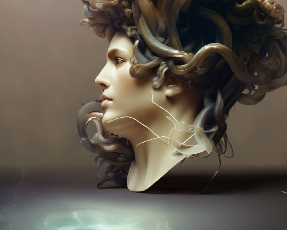 Monochromatic digital artwork: woman's profile with ornate flowing hair.