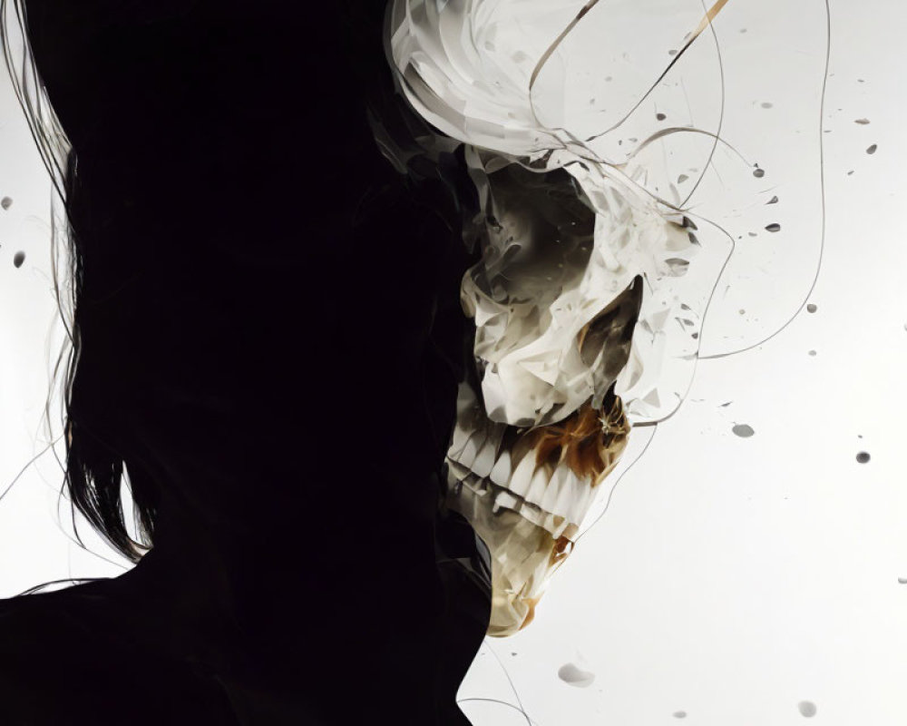 Silhouette of a person with skull overlay and abstract swirls and splatters