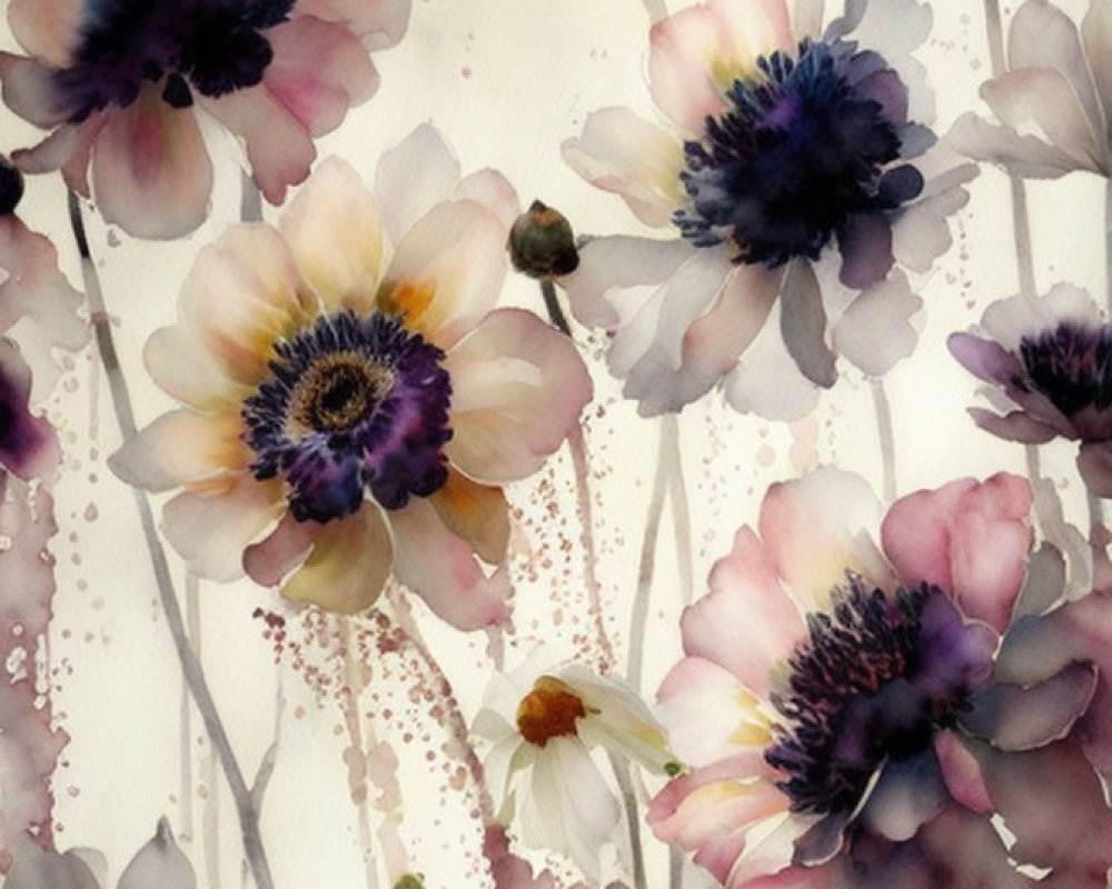 Delicate Anemones Watercolor Painting with Violet and Cream Petals