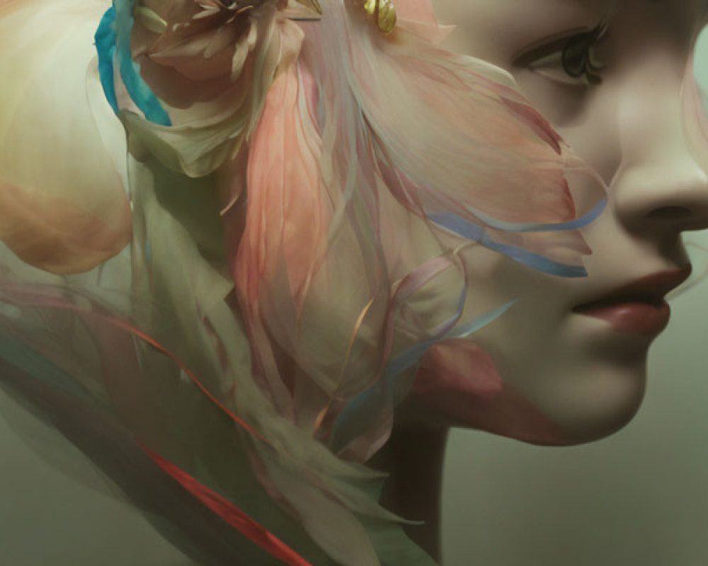 Woman's profile merges with delicate, translucent petals for serene aesthetic