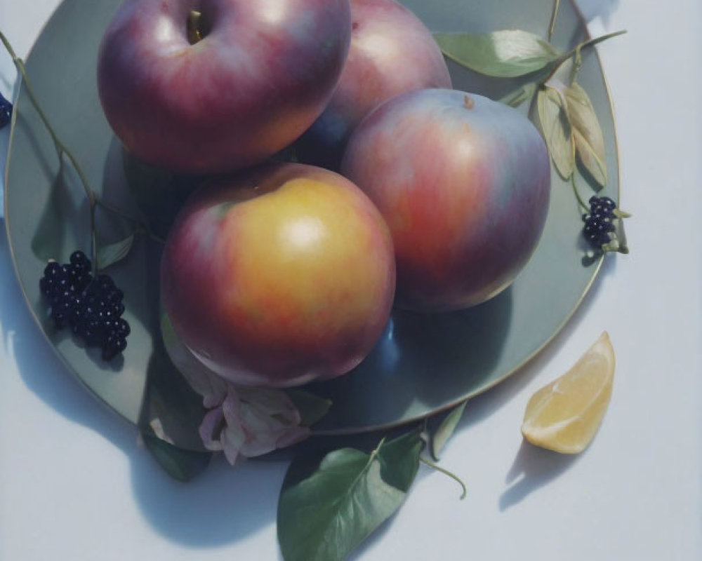 Fresh peaches, blackberry, lemon, and blossoms on a plate.