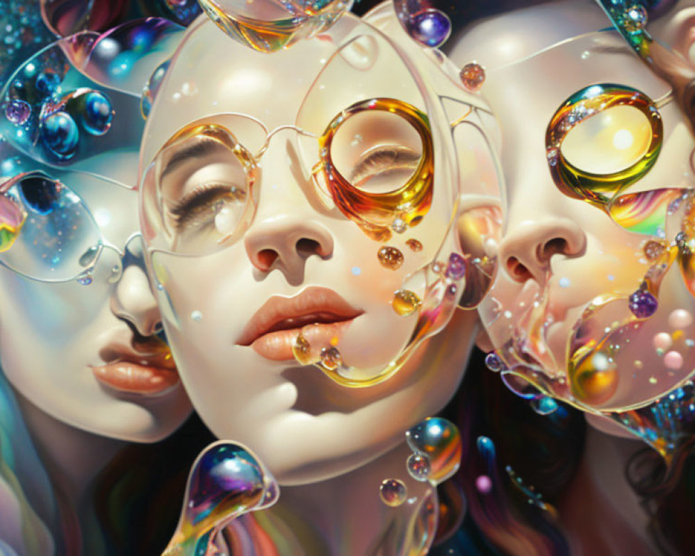 Vibrant surreal artwork: two faces with reflective soap bubbles