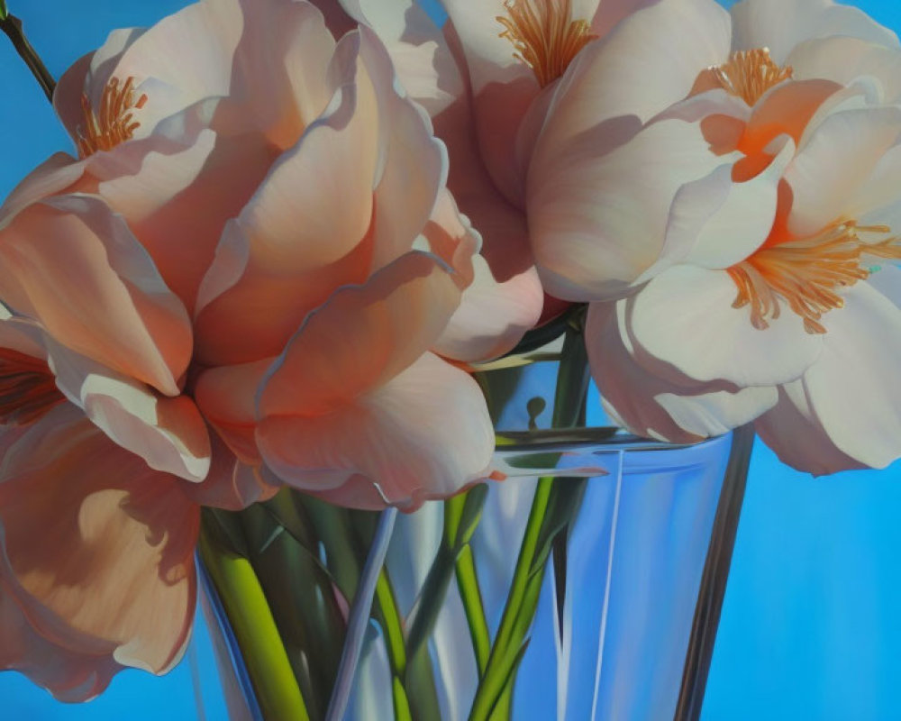 Delicate white and pink flowers with orange stamens in clear vase on blue background