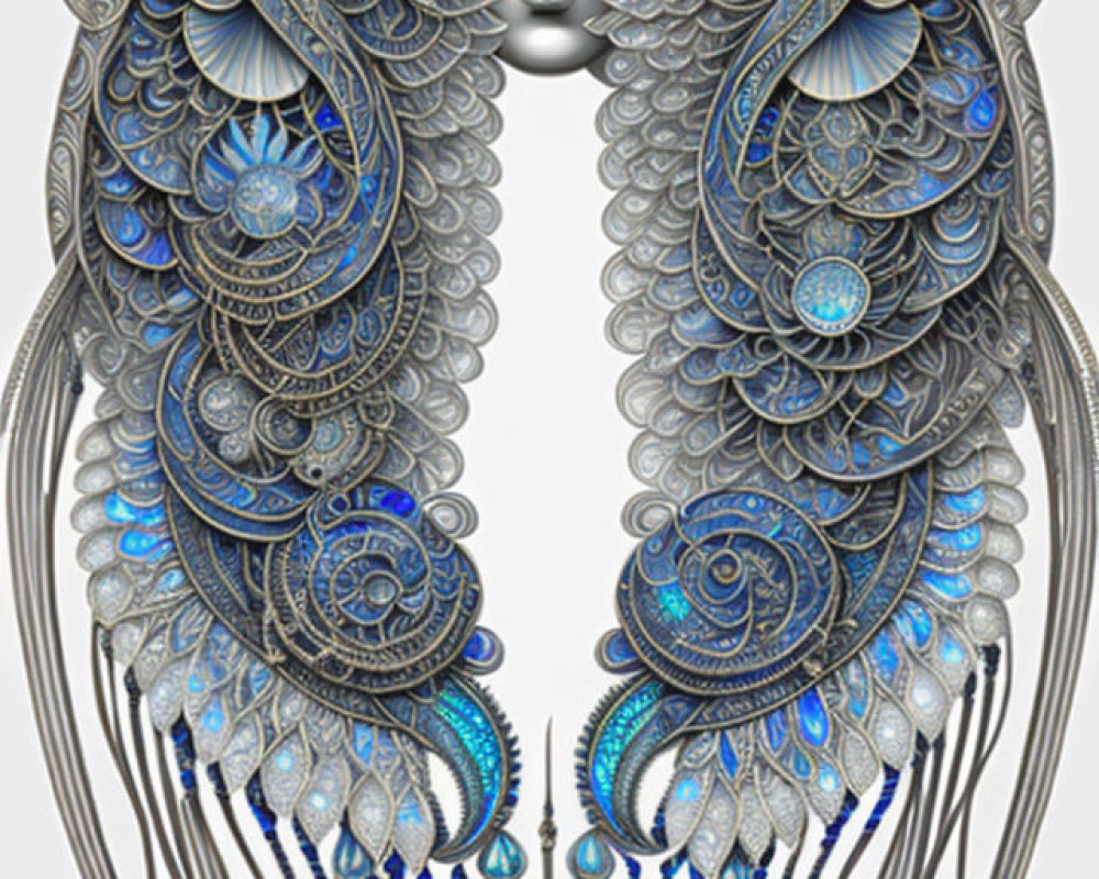 Symmetrical ornate face with peacock feather-inspired designs in blue and silver hues