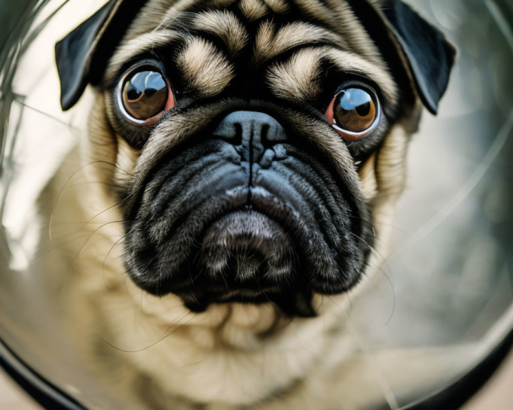 Wrinkled pug dog gazes through magnifying glass