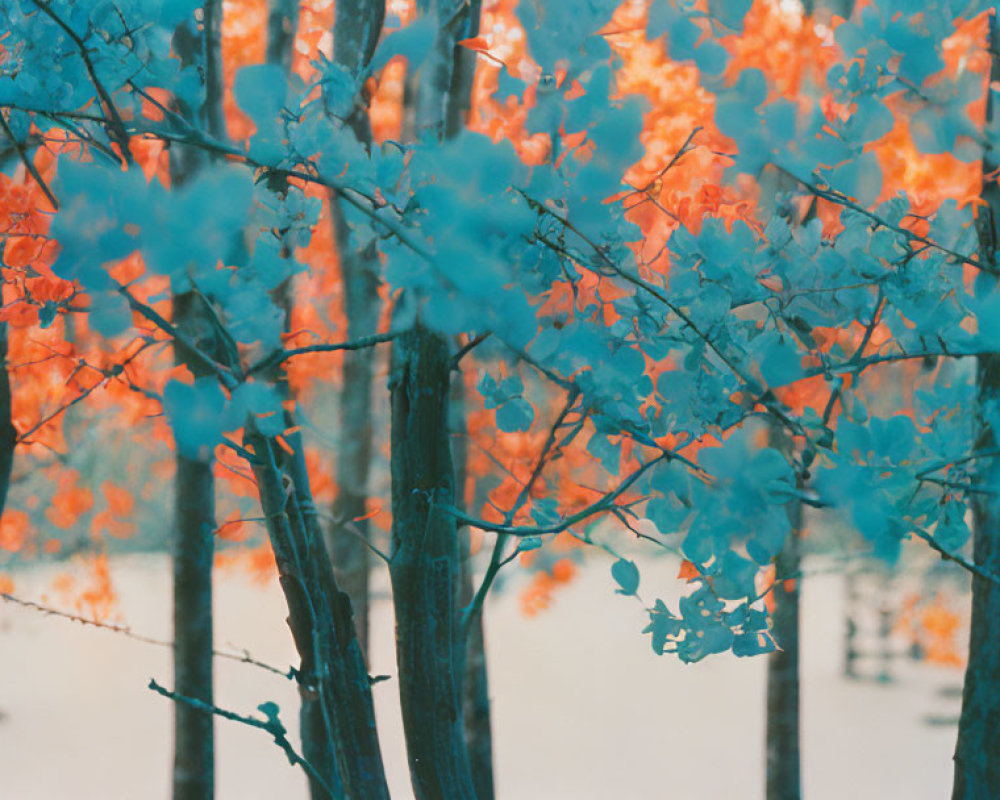 Vivid Infrared Forest Landscape with Blue Trees and Orange Leaves