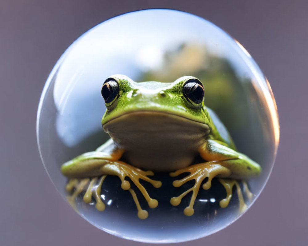 Green frog magnified in transparent sphere against soft-focus background