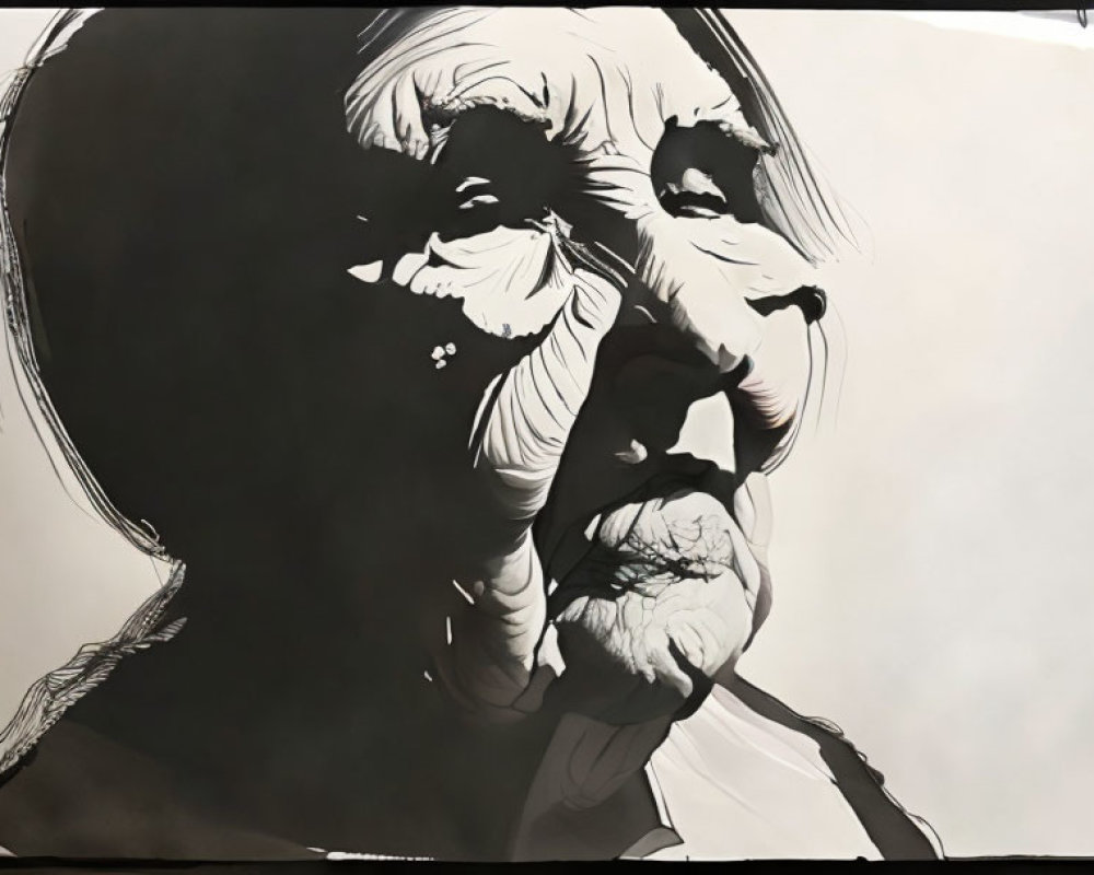 Detailed black and white illustration of elderly person with expressive eyes on paper canvas