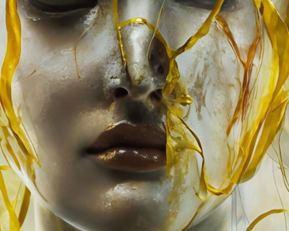 Detailed Close-Up of Face Sculpture with Glossy Skin and Translucent Yellow Strands