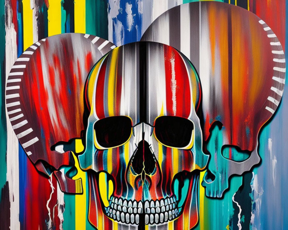 Vibrant three skulls art with multicolored paint streaks