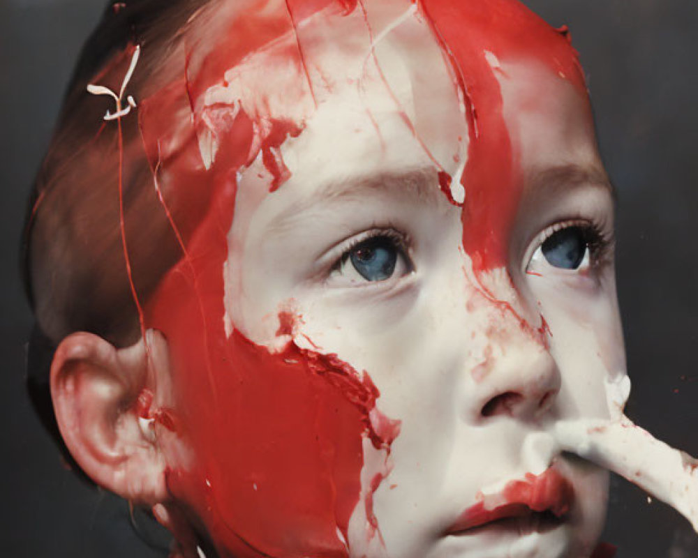 Contemplative child with red paint on face and chili pepper in foreground