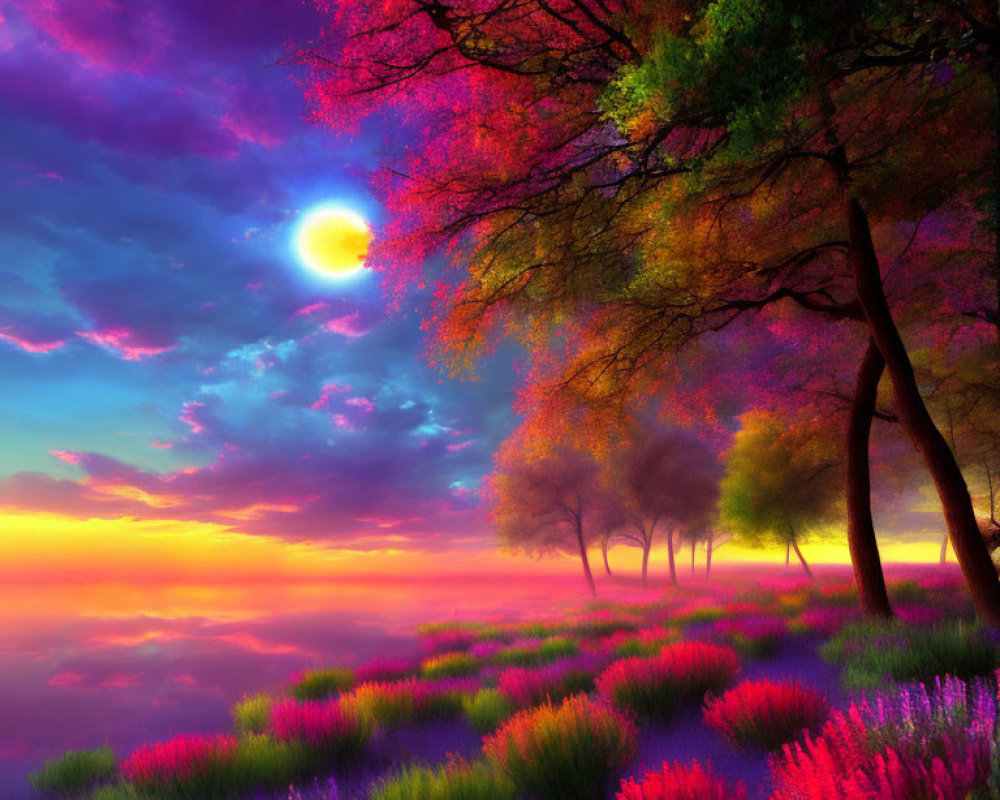 Colorful sunset landscape with bright moon and vibrant flora