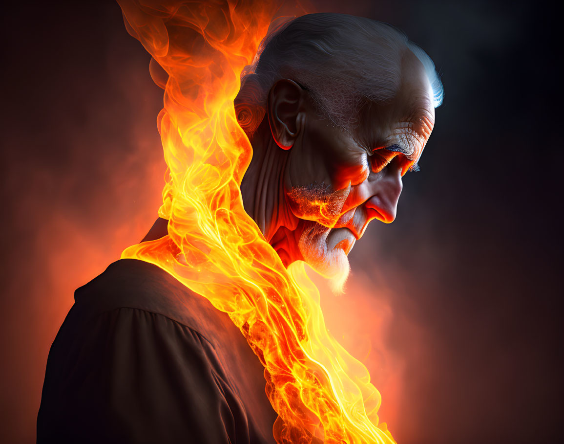 Elderly man profile engulfed in stylized flames
