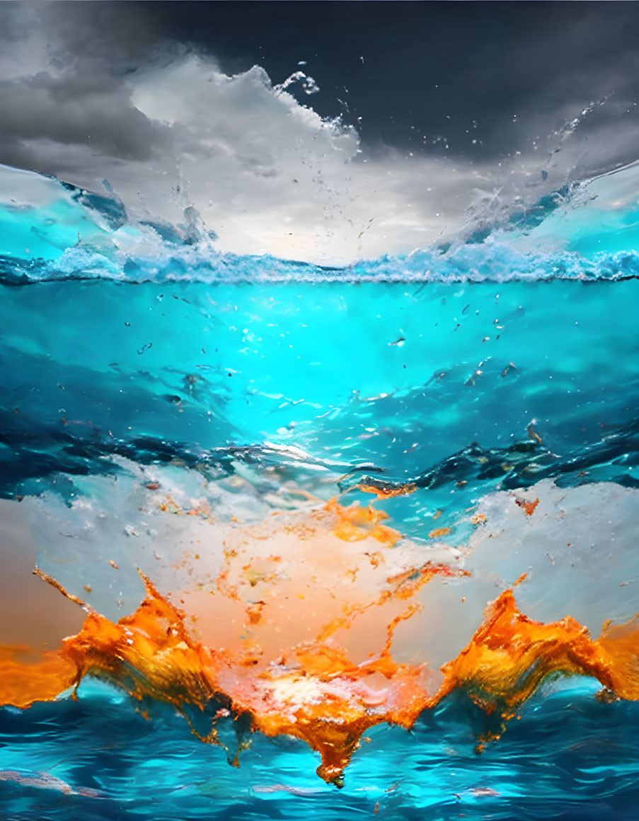 Underwater Scene with Fiery Explosion and Calm Sky