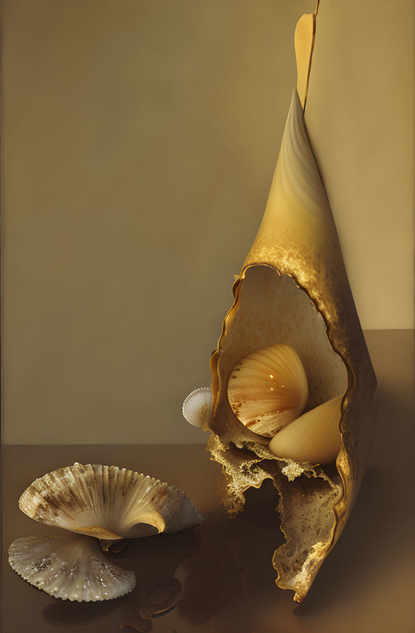 Sliced Conch Shell with Pearl and Smaller Shell on Reflective Surface