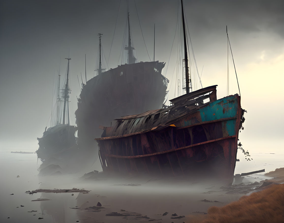 Abandoned ships on misty shore with filtered light