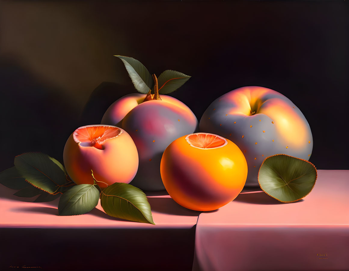 Vibrant peaches and leaves in a still life painting with realistic textures and soft shadows