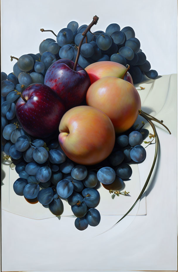 Hyperrealistic Painting of Plump Grapes and Three Apples on Reflective White Surface