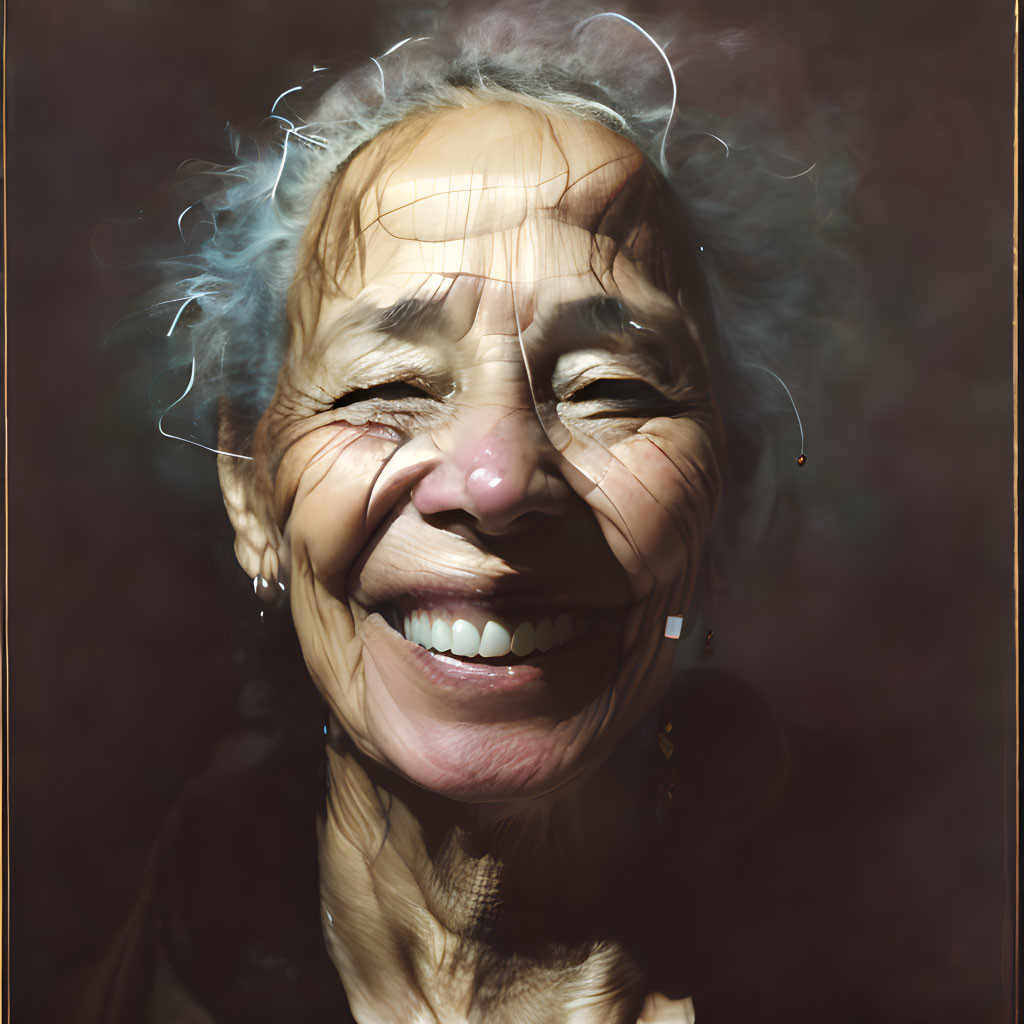 Elderly woman with joyful expression and white hair under warm lighting