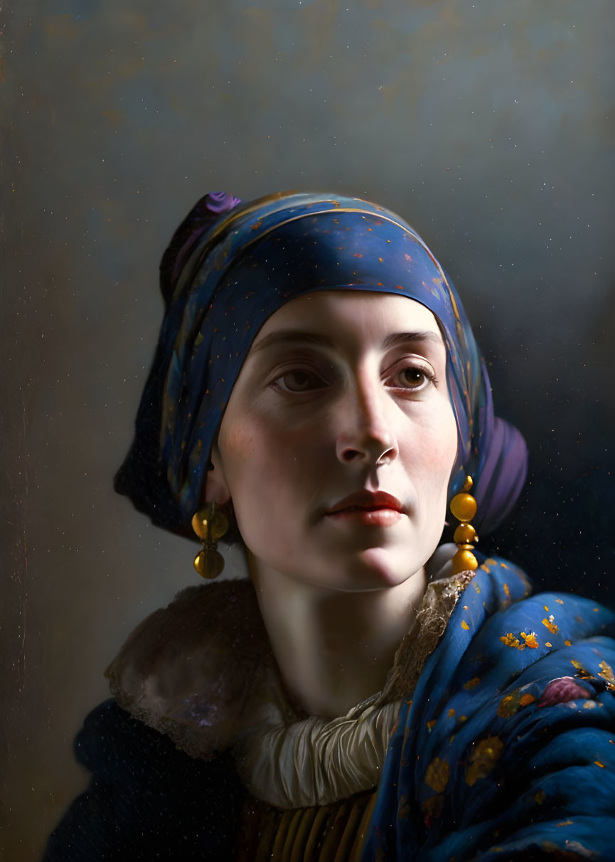 Woman with Blue Headscarf and Golden Earrings in Fur-Trimmed Garment