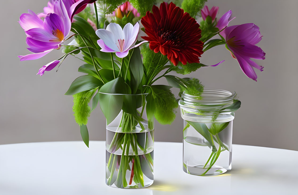 Colorful Flower Bouquet in Glass Vase with Green Stem on Neutral Background