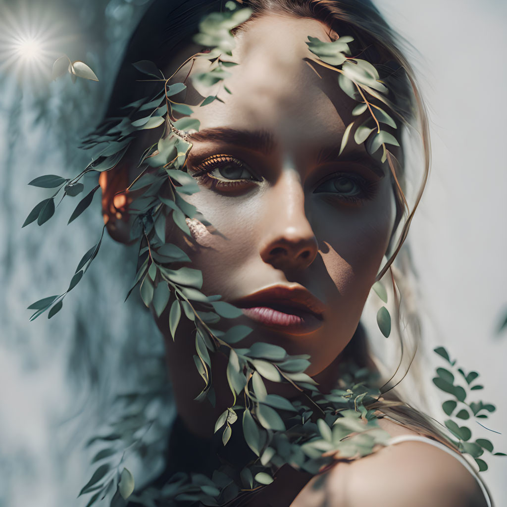 Portrait of a woman with green leaves and sunlight shadows.