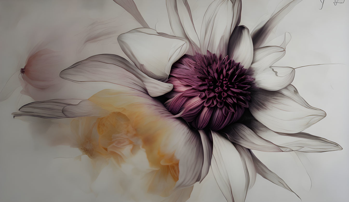 Ethereal artistic rendering of blooming flowers in white, yellow, and deep purple